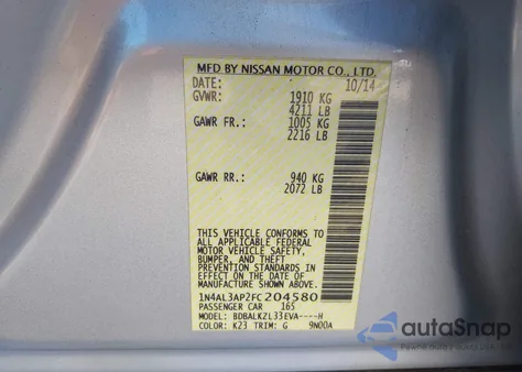 2015 Nissan Altima 2.5 Sv from USA, damaged, VIN 1N4AL3AP2FC204580